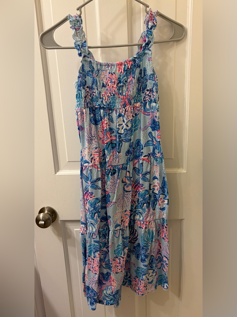 Lilly Pulitzer Blue Floral Tiered Maxi Dress with Pink Accents